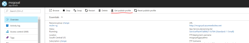 Download publish profile from web app overview