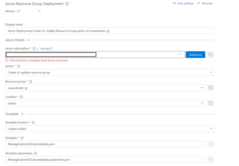 Provide details for the Azure Resource Group task