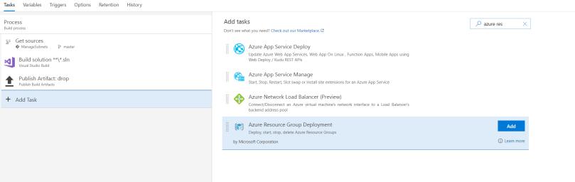 Search and add Azure Resource Group Deployment task